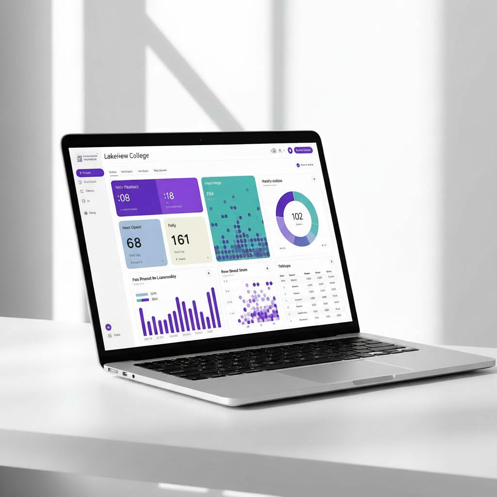 CampusIQ space analytics dashboard displayed on a laptop showing metrics, charts, and a heatmap for Lakeview College