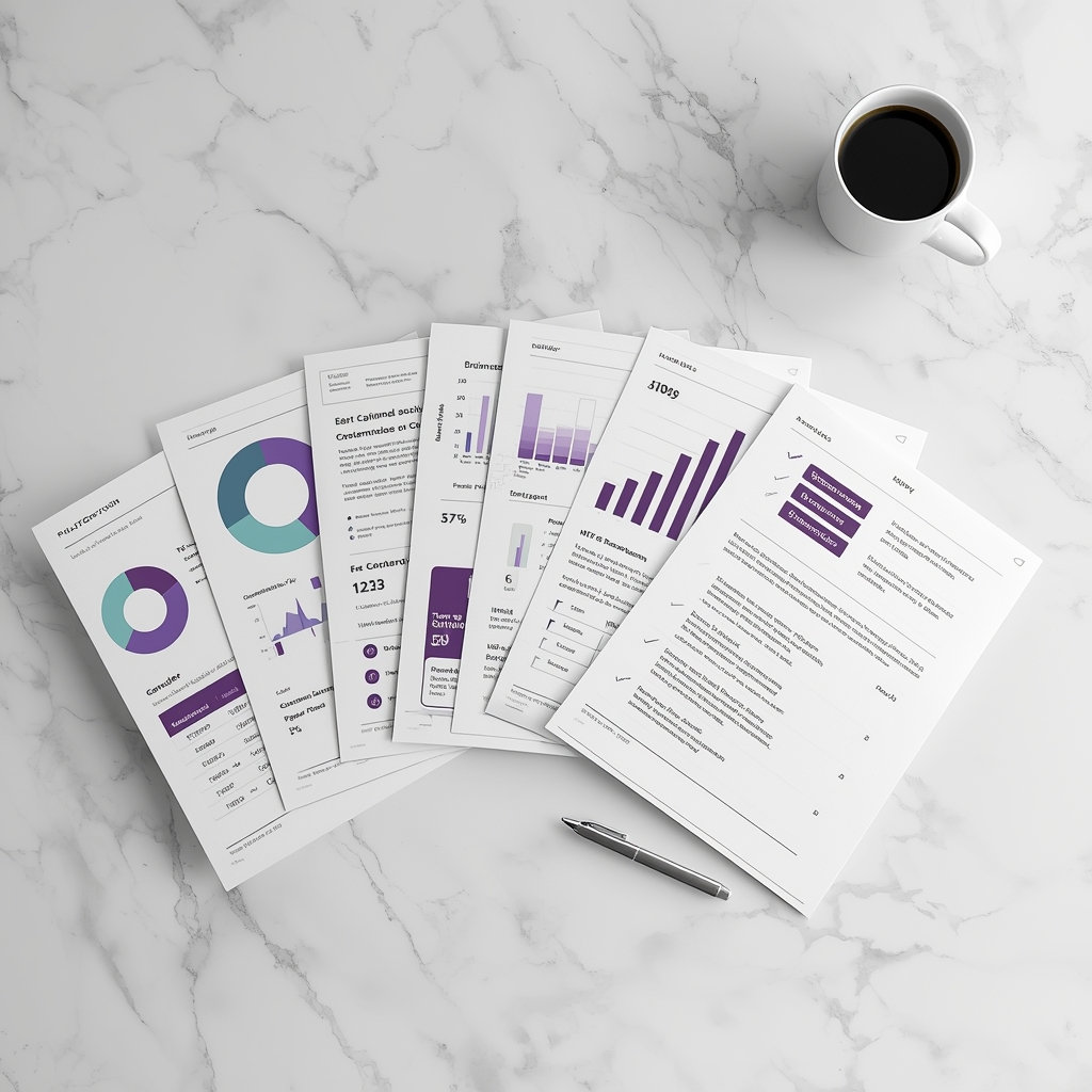 Professional space analytics report pages fanned out on a desk showing charts and metrics in purple and teal